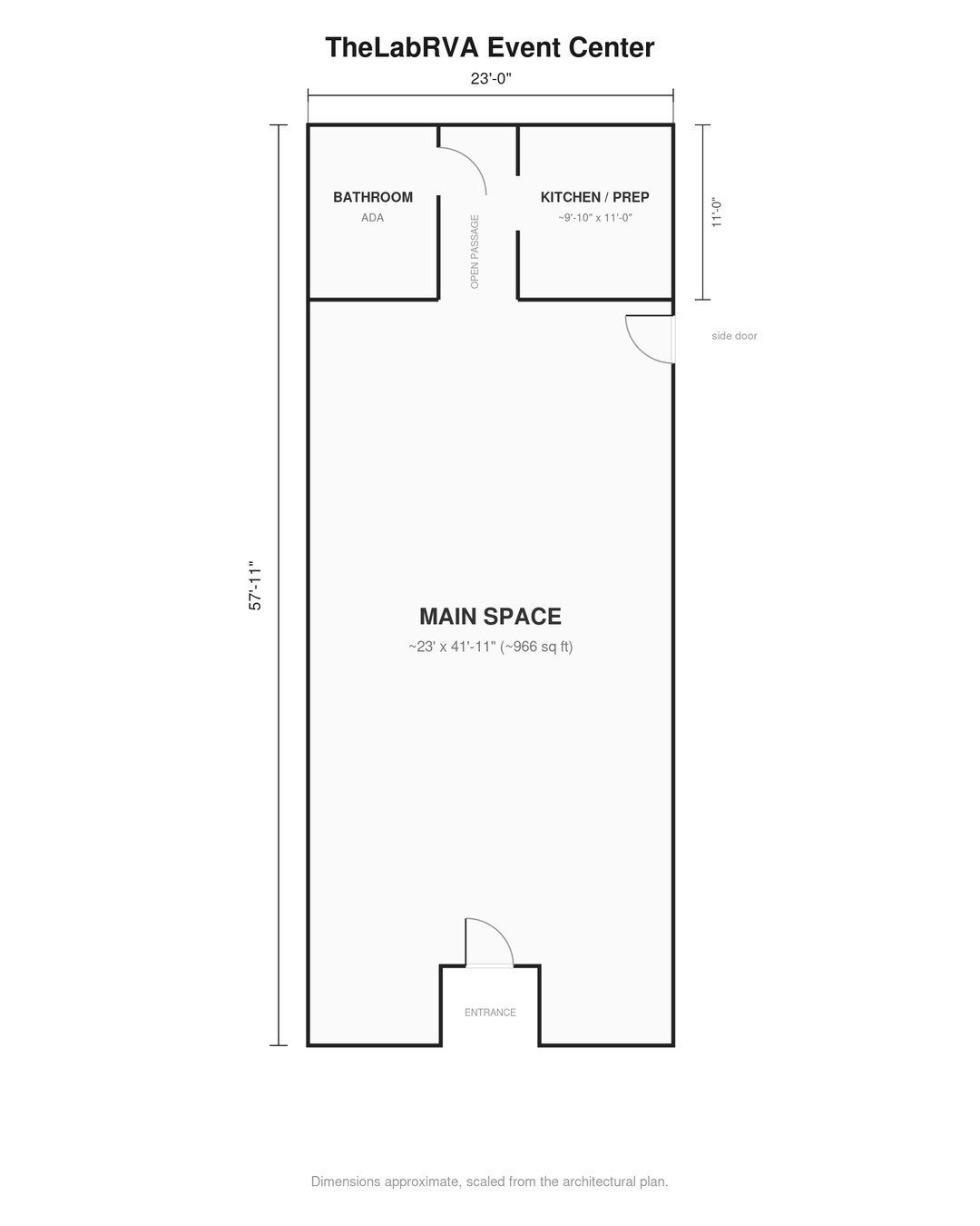 Event Center floor plan: 23 feet by 57 feet 11 inches, with an ADA bathroom and kitchen/prep at the back and the entrance at the front.
